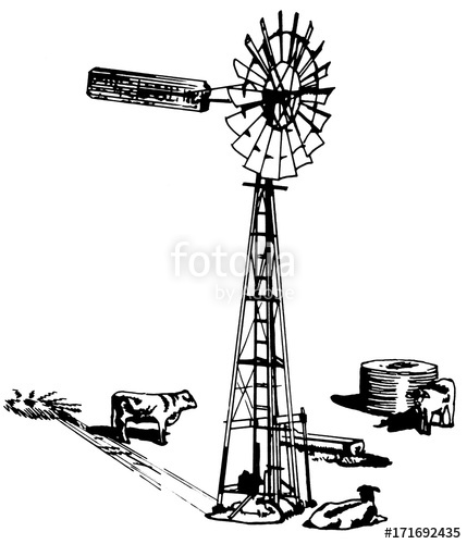 429x500 windmill with cows and water tank line art pen drawing stock - Windmill Line Drawing