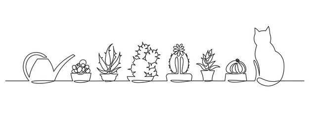 625x240 Continuous One Line Drawing Of Vector Cute Cactus Black And White - Window Line Drawing