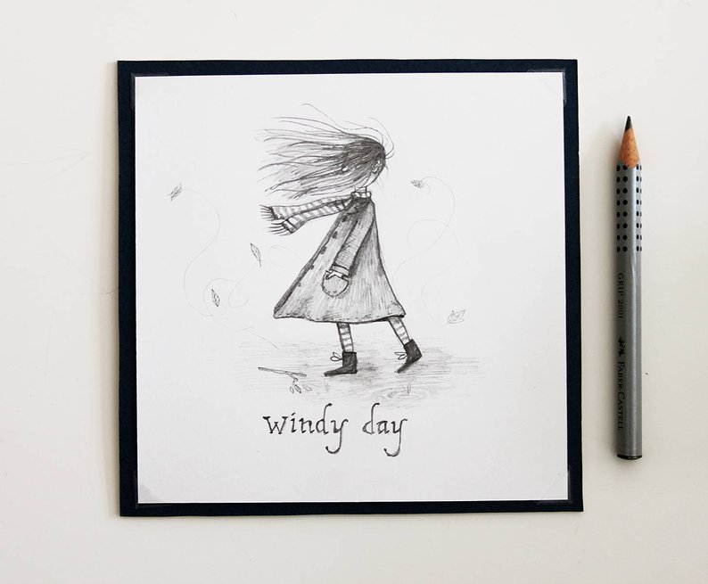 794x655 Original Windy Day Drawing Small Illustration Of A Girl Or Etsy - Windy Day Drawing