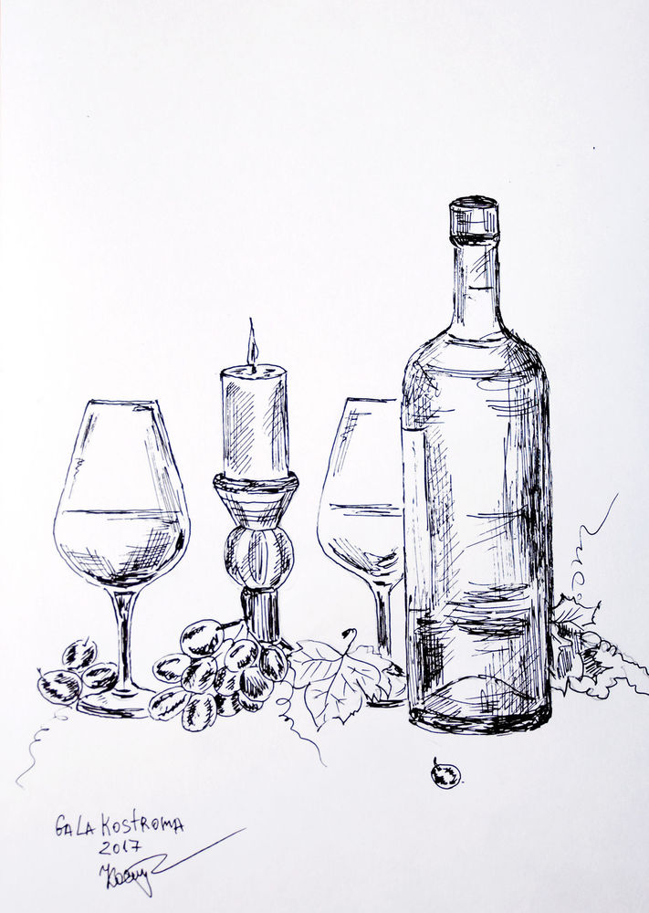 711x1000 dinner with wine original ink drawing painting bottle glass - Wine Bottle And Glass Drawing