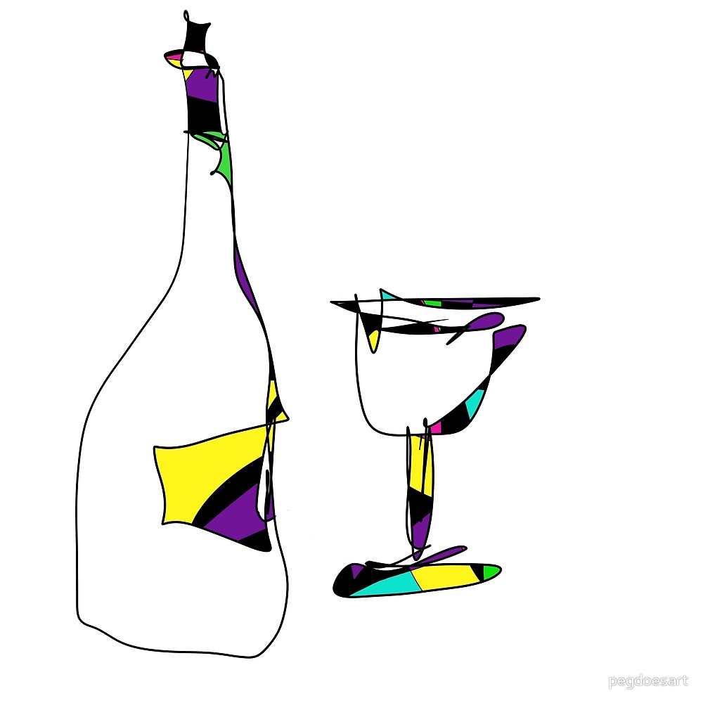 1000x1000 wine bottle and wine glass colorful line drawing art - Wine Bottle Line Drawing
