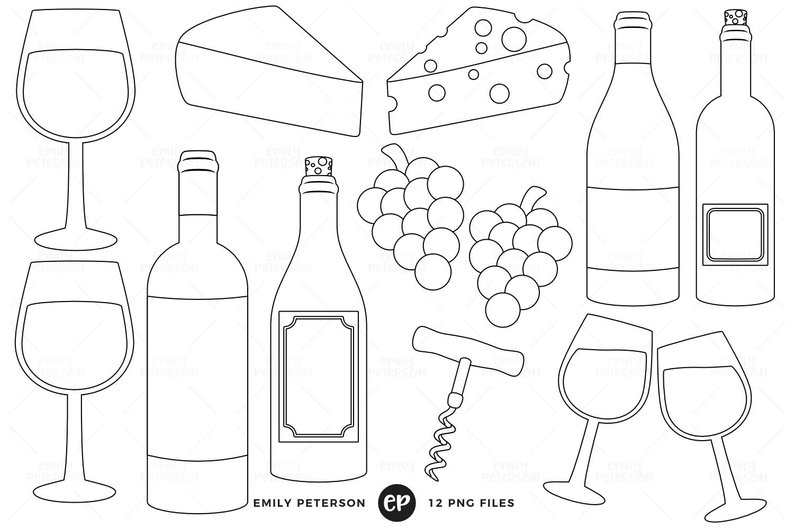 794x528 Wine Digital Stamps Cheese Line Art Grapes Clip Art Etsy - Wine Bottle Line Drawing