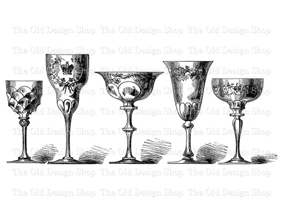 570x440 Vintage Goblets Clip Art Wine Glass Drinking Cups Digital Etsy - Wine Cup Drawing