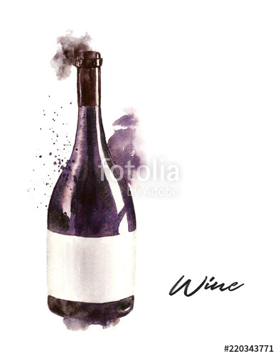 391x500 hand drawn watercolor illustration of the wine bottle, red wine - Wine Drawing
