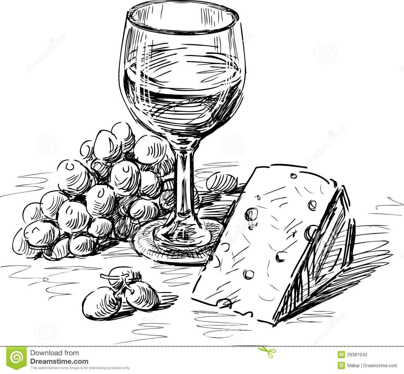 1300x1203 vector drawing of a wine glass, grape and cheese wine country - Wine Drawing