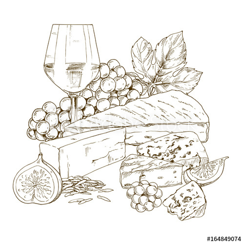 500x500 Pile Of Hand Drawn Cheese With Glass Of Wine, Grapes And Fig - Wine Grapes Drawing