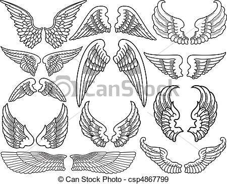 450x365 Twelve Sets Of Black And White Angel Wings - Wings Line Drawing