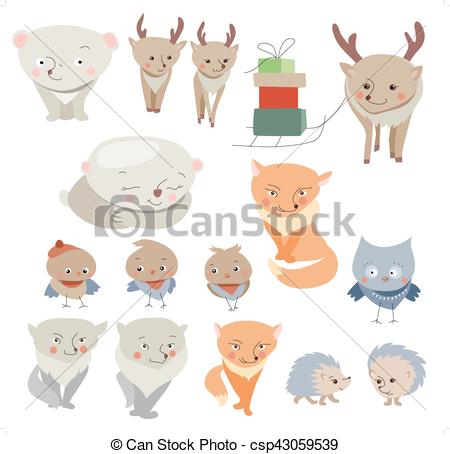 450x454 collection of different forest winter animals childish, cute style - Winter Animals Drawing
