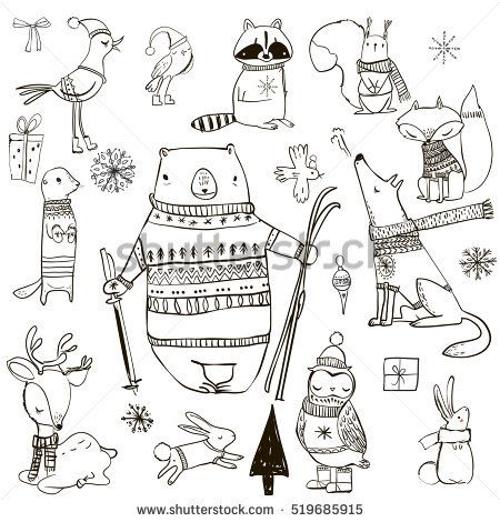 450x470 set with cute winter animals doodles winter drawings, cute - Winter Animals Drawing