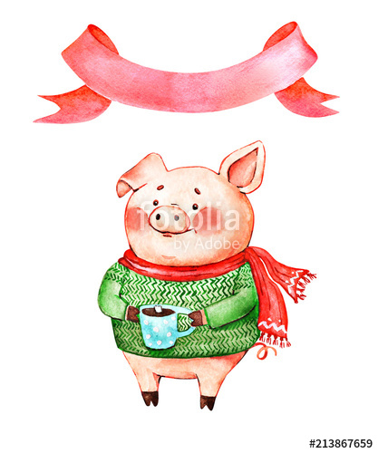 417x500 drawing of a watercolor pink pig in winter clothes and a red - Winter Clothes Drawing