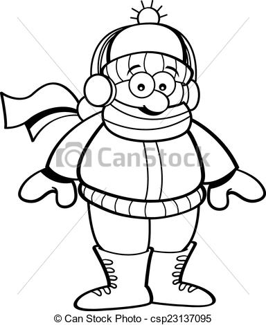 384x470 Cartoon Kid Wearing Winter Clothing Black And White Illustration - Winter Clothes Drawing