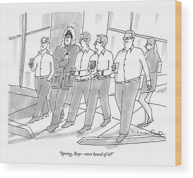 655x602 five guys walking one is wearing a winter coat wood print - Winter Coat Drawing