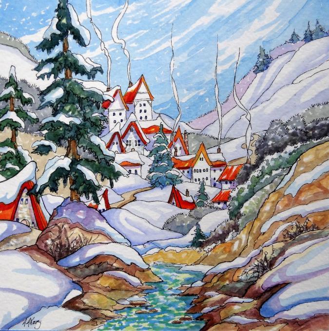 675x680 A Winter Village Life People Drawings Pictures Drawings Ideas - Winter Drawing