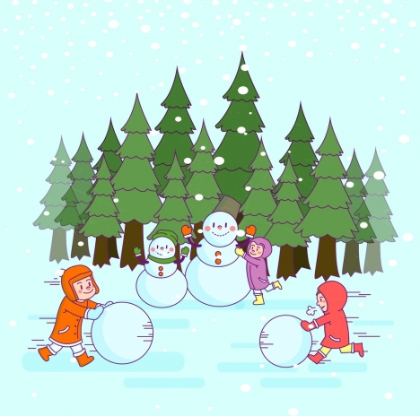 468x464 winter drawing playful kid outdoor snowman colored cartoon vectors - Winter Drawing