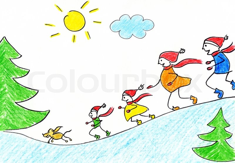 800x557 Children's Drawing Of Happy Family With Stock Photo Colourbox - Winter Drawing For Kids