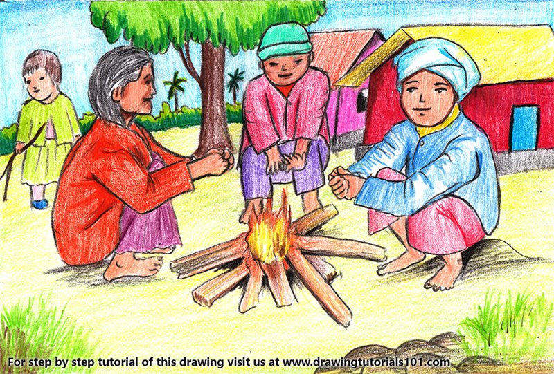 800x541 winter bonfire scene colored pencils - Winter Drawing Images
