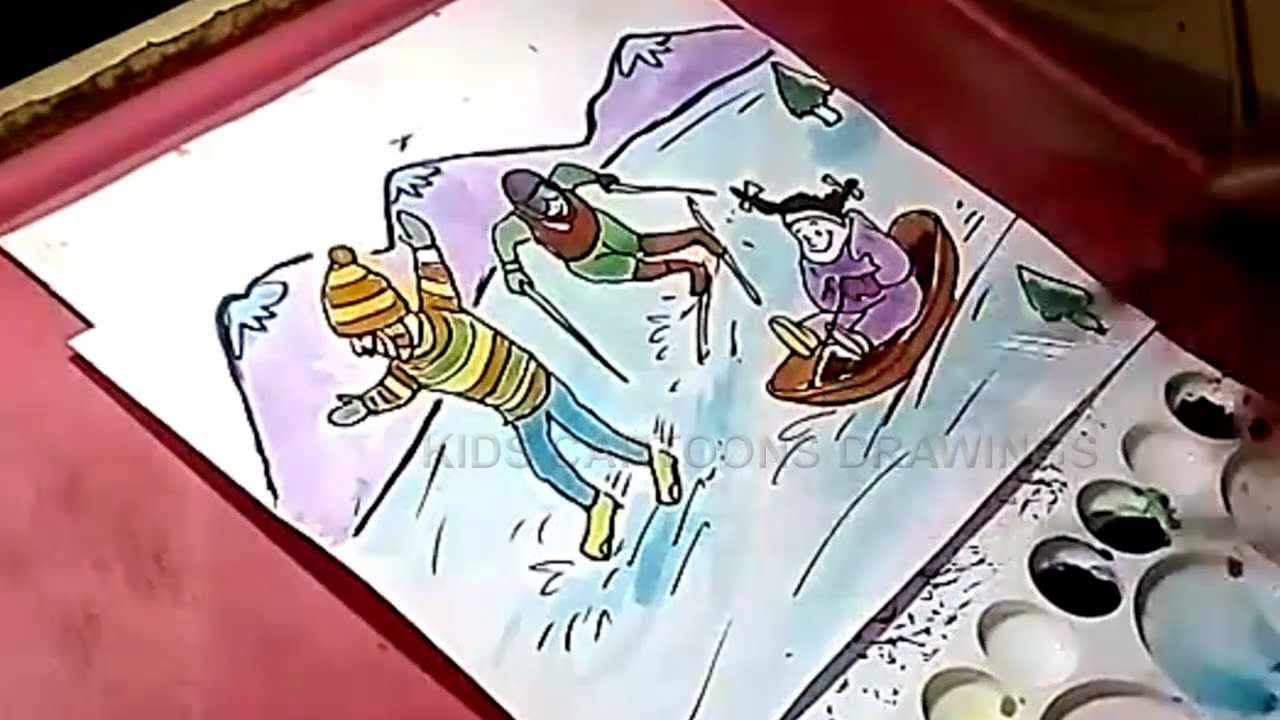 1280x720 How To Draw Kids Playing Winter Season Games Drawing For Kids - Winter Drawing Kids