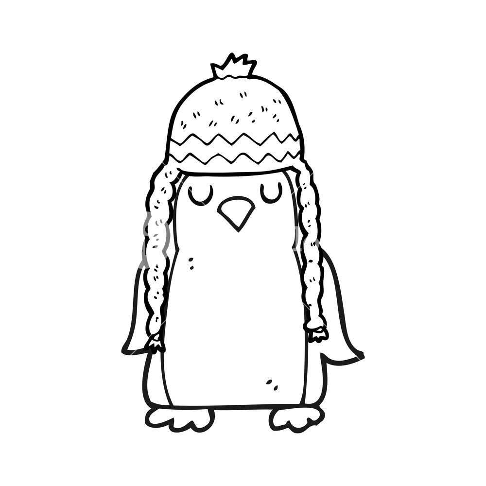 1000x1000 freehand drawn black and white cartoon robin wearing winter hat - Winter Hat Drawing