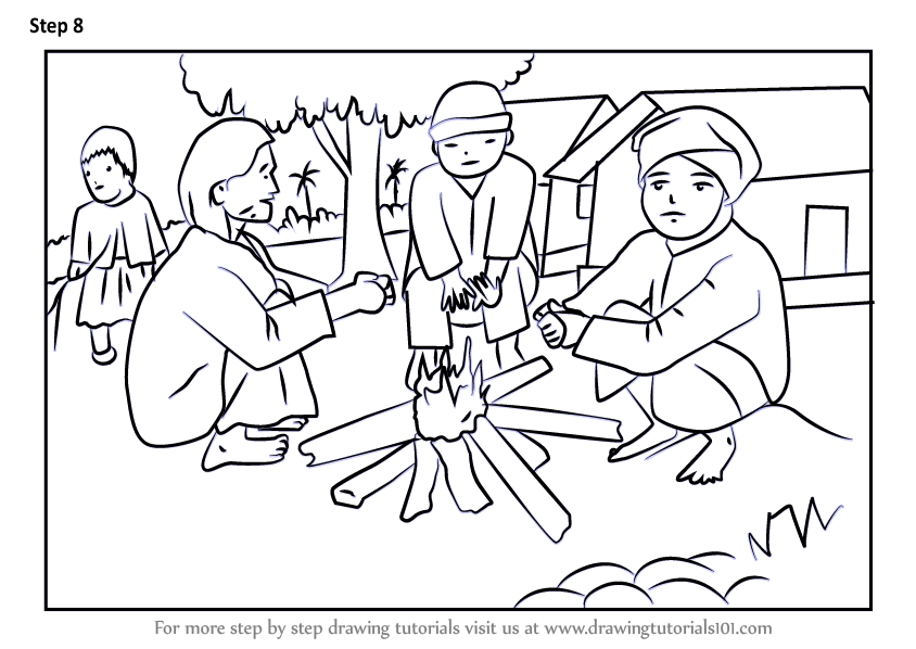 844x598 learn how to draw winter bonfire scene - Winter Line Drawing