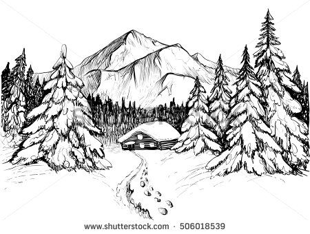 450x340 starry snowy night line art - Winter Line Drawing