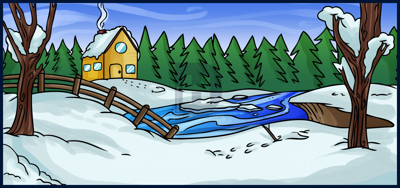 1698x800 How To Draw A Winter Scene, Step - Winter Scene Drawing