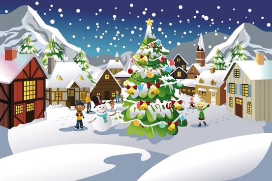 553x368 Christmas Scene Drawing Free Vector Download - Winter Scene Drawing