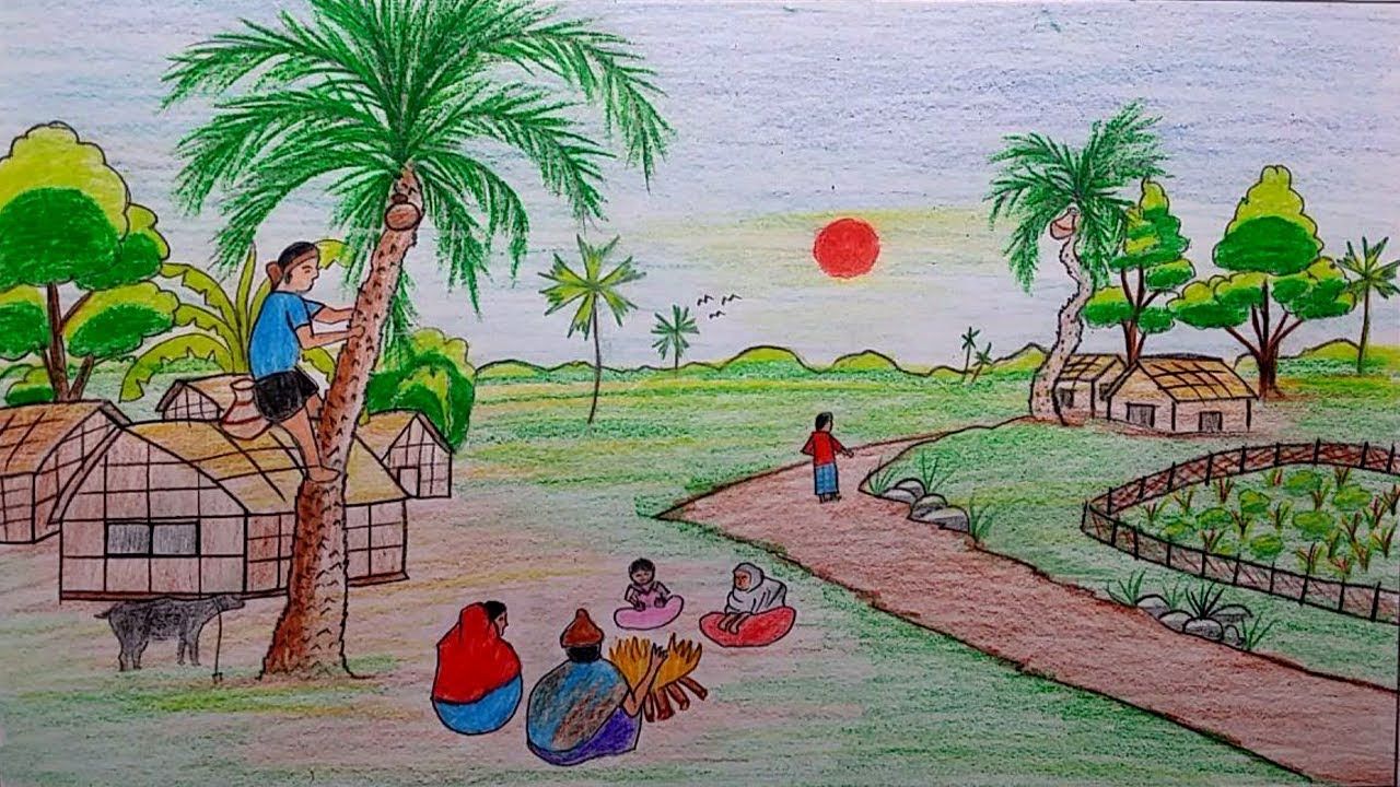 1280x720 How To Draw A Beautiful Winter Season Village Scenery Step - Winter Season Drawing