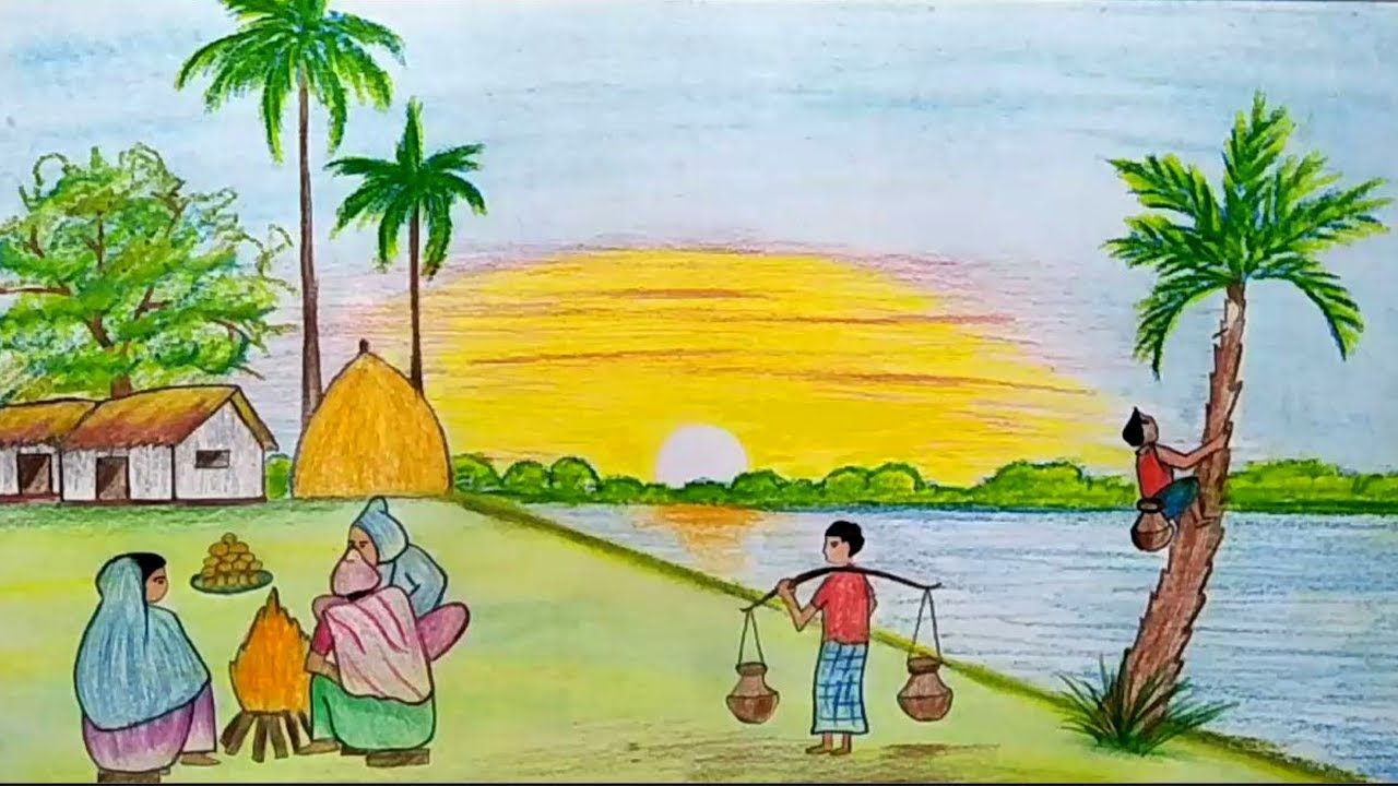 1280x720 How To Draw Scenery Of Winter Season With Oil Pastel Step - Winter Season Drawing