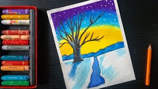 320x180 moonlight bridge scenery oil pastel drawing winter season oil - Winter Season Drawing