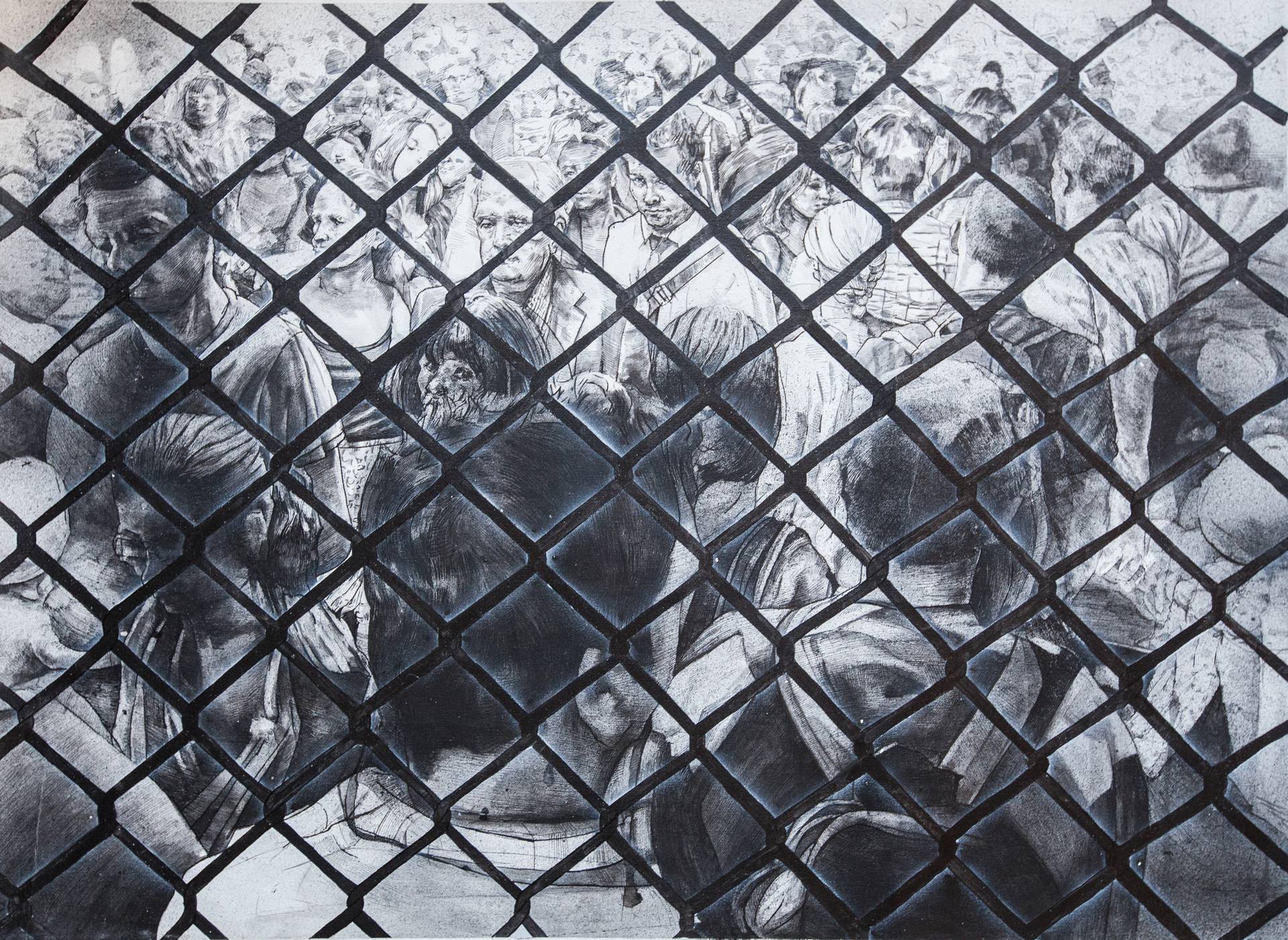 1920x1401 crowd behind the fence drawing - Wire Fence Drawing