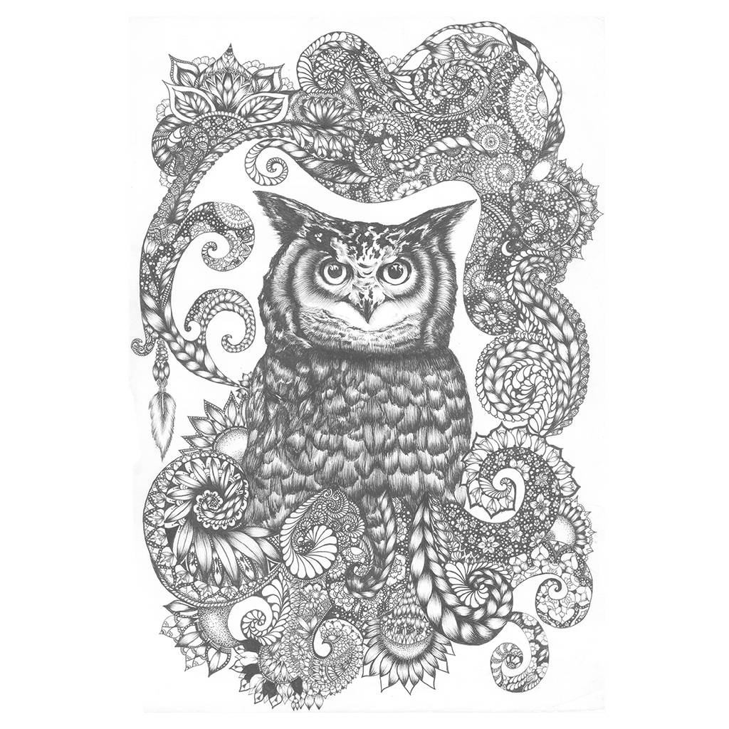 1024x1024 hand drawn monochrome wise owl print - Wise Owl Drawing