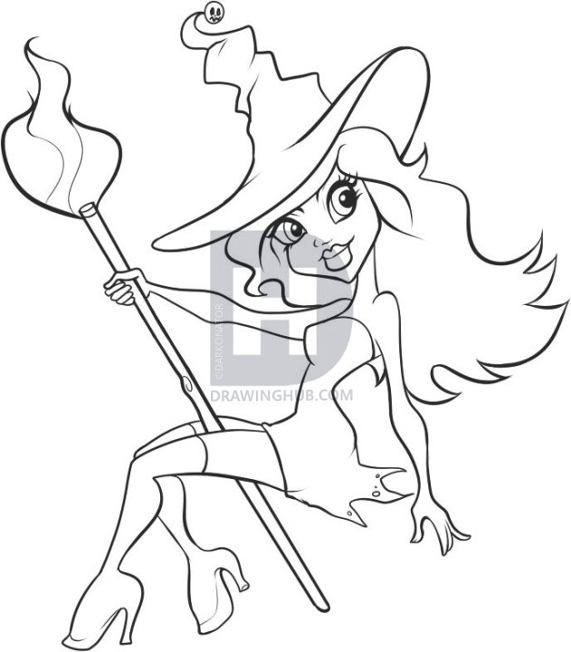 631x720 How To Draw A Witch, Step - Witch Drawing