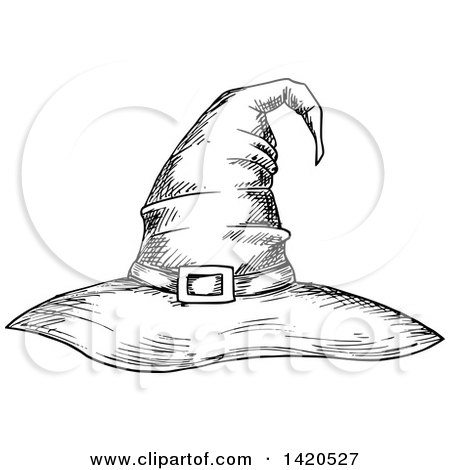 450x470 clipart of a sketched black and white witch hat - Witch Hat Drawing
