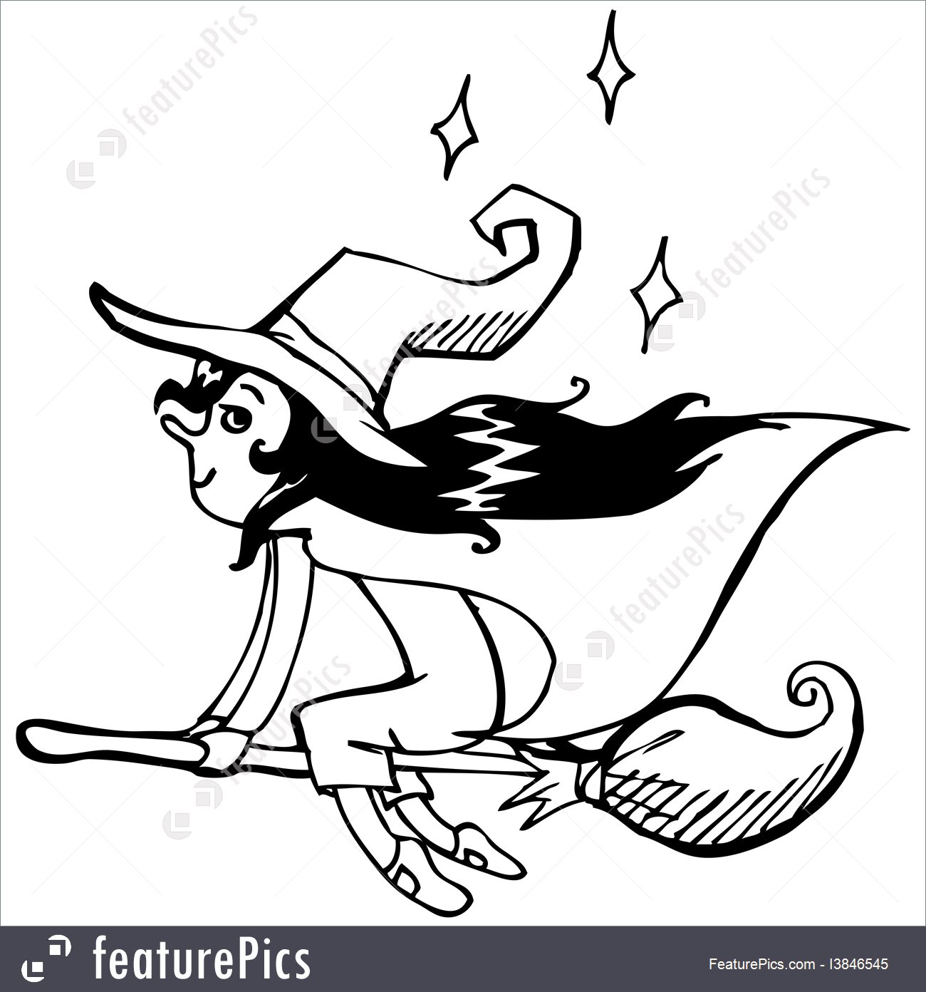 1300x1392 Halloween Cute Witch Black Outline Sketch - Witch On Broom Drawing