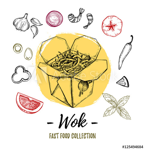 484x500 hand drawn vector illustration - Wok Drawing