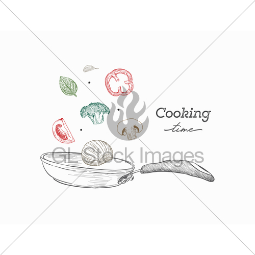 500x500 monochrome realistic drawing of wok pan and vegetables c gl - Wok Drawing