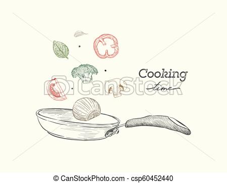 450x362 monochrome realistic drawing of wok pan and vegetables cooking - Wok Drawing
