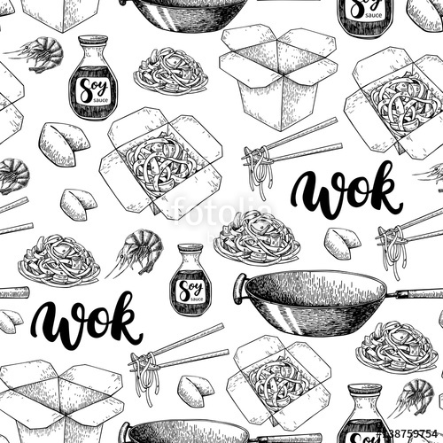 500x500 wok vector hand drawn seamless pattern with lettering isolated - Wok Drawing