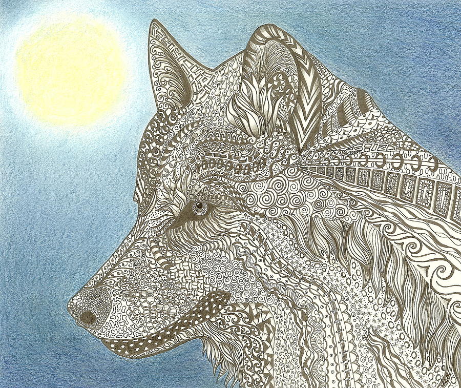 900x757 Zen Wolf Moon Drawing - Wolf And Moon Drawing