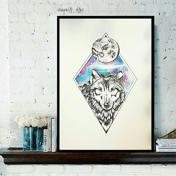 570x570 framed wolf and full moon dotwork bohemian drawing art print etsy - Wolf Drawing Art