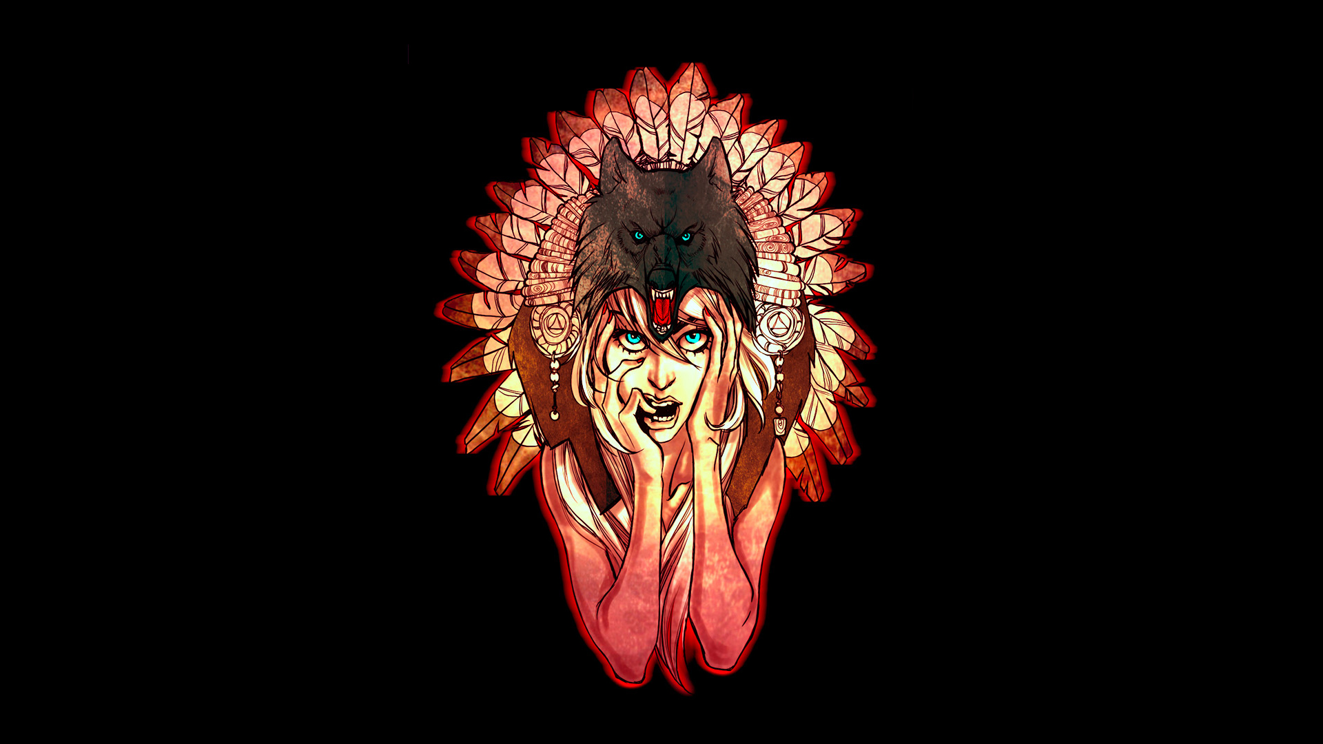 1920x1080 Indian, Feathers, Black, Drawing, Blonde, Girl, Wolves, Wolf - Wolf Drawing Wallpaper