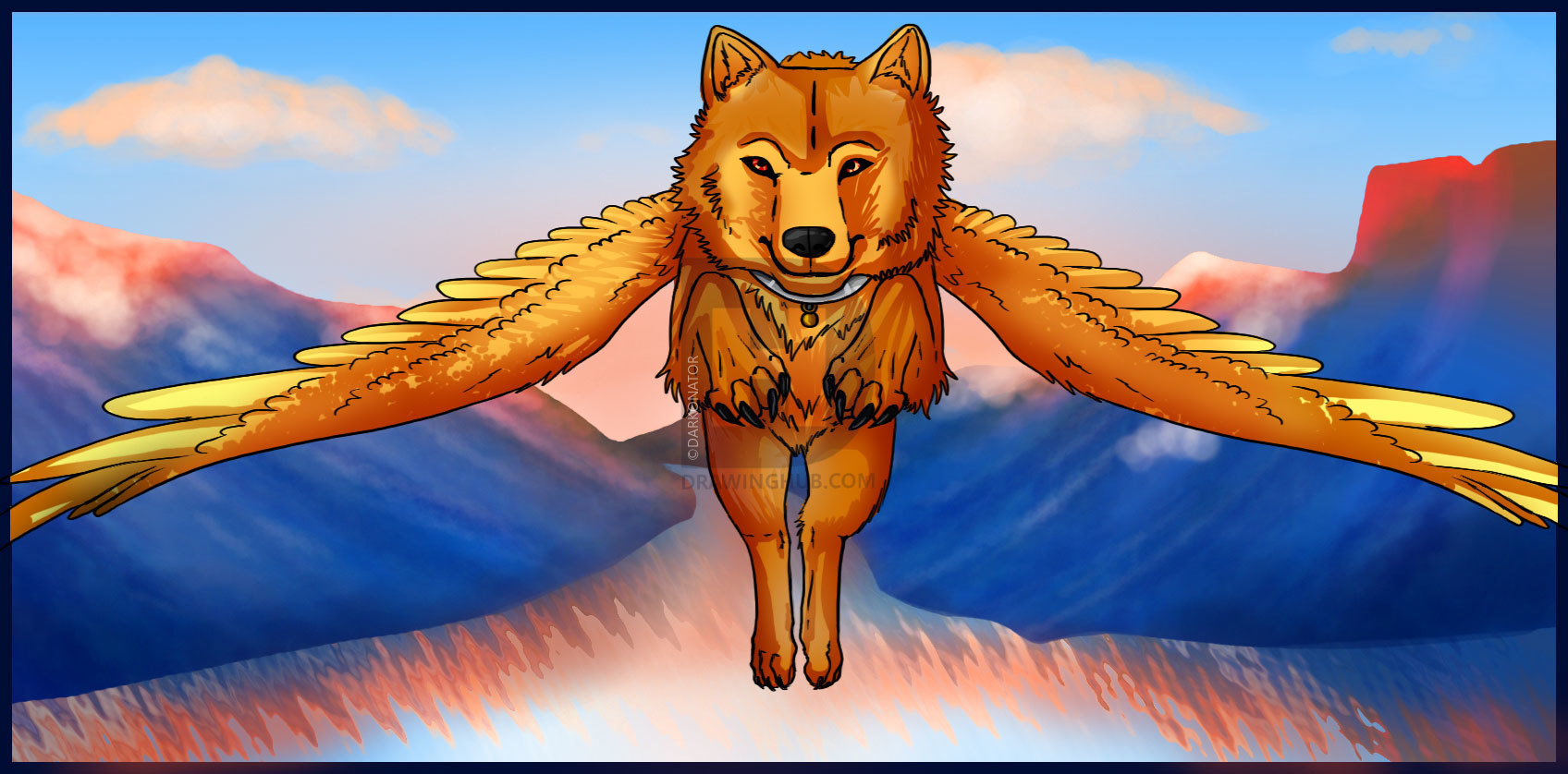 1696x838 How To Draw A Winged Wolf, Step - Wolf Drawing With Wings
