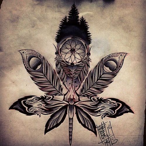 500x500 weed plant drawing with a wolf dreamcatcher and peacock feathers - Wolf Dreamcatcher Drawing