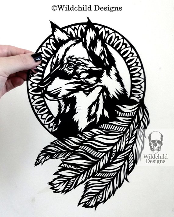 570x711 wolf dreamcatcher paper cutting template personal use vinyl etsy - Wolf Dreamcatcher Drawing
