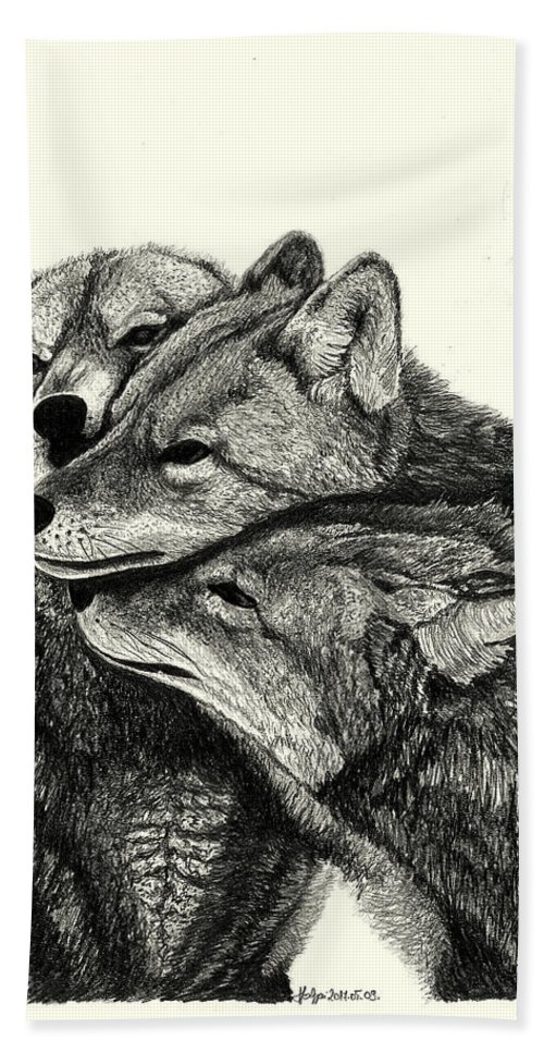 500x967 Wolf Family Pencil Portrait Bath Towel For Sale - Wolf Family Drawing