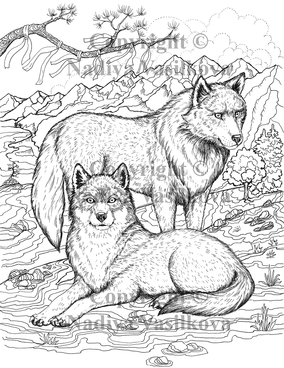 927x1200 Artist Nadiya Vasilkova Printable Coloring - Wolf Family Drawing