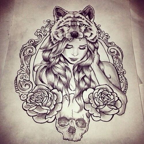 500x500 Girl Wearing Wolf Hat Roses Skull Drawing Art Art Drawings - Wolf Hat Drawing