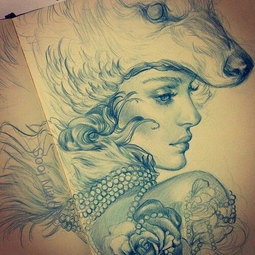 500x500 Woman With A Wolf Hat Secret Garden In Drawings, Art, Art - Wolf Hat Drawing