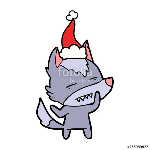 500x500 Line Drawing Of A Wolf Showing Teeth Wearing Santa Hat Stock - Wolf Hat Drawing