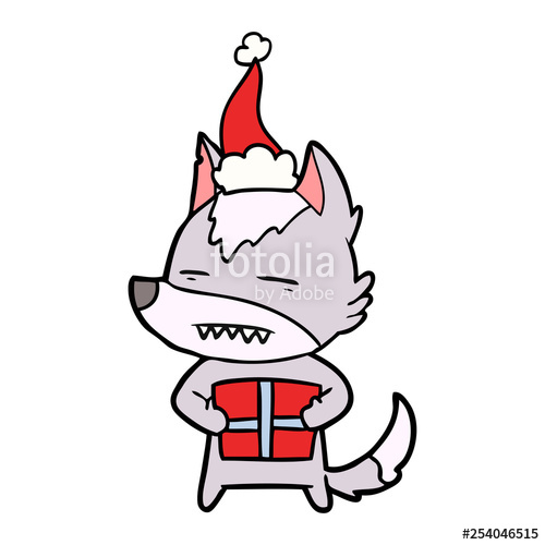 500x500 Line Drawing Of A Wolf With A Gift Wearing Santa Hat Stock Image - Wolf Hat Drawing